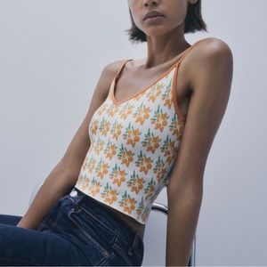 Zara Jacquard Knit Crop Cami Top Small Orange Floral